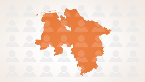 Eine orange Niedersachsen-Karte, im Hintergrund sind Piktogramme mit Menschen angedeutet © NDR / Datawrapper 