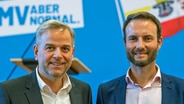 Grevesmühlen: Leif-Erik Holm (l), der wiedergewählte Landessprecher der AfD in Mecklenburg-Vorpommern, und sein neuer Co-Vorsitzender Enrico Schult stehen beim AfD-Landesparteitag vor der Bühne. © dpa-Bildfunk Foto: Jens Büttner