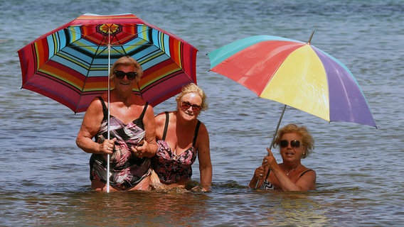 Warnemünde: Drei Frauen gehen am 18. Juni bei Lufttemperaturen von über 30 Grad mit Sonnenschirmen in die 20 Grad kühle Ostsee. © dpa-Bildfunk Foto: Bernd Wüstneck/dpa-Zentralbild/dpa