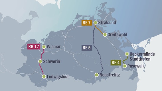 Karte Mecklenburg-Vorpommerns mit aktuell von Ausfällen betroffenen Bahnverbindungen © NDR 