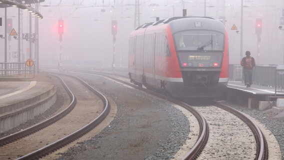 S-Bahn zatrzymuje się we mgle na stacji głównej.  © Bernd Wüstneck/dpa 