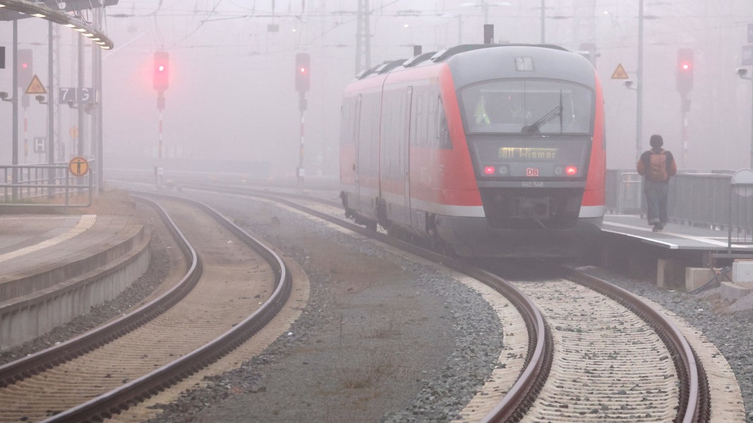  Eine S-Bahn steht auf dem Hauptbahnhof im Nebel.