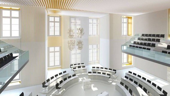 Den europaweit ausgeschriebenen Architektenwettbewerb für den neuen Plenarsaal im Landtag MV hatte das Münchner Architekturbüro Dannheimer & Joos gewonnen. © Landtag MV / Dannheimer & Joos, München 