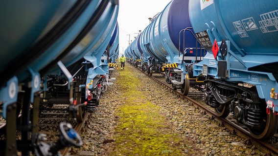 Blick zwischen zwei Züge mit blauen Tank-Waggons. © Cosun Beet Company Foto: Cosun Beet Company