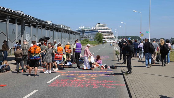 Demonstranten der "letzten Geneartion" blockieren die Straße. Im Hintergrund liegt ein großes Kreuzfahrtschiff am Hafen. © Stefan Tretropp Foto: Stefan Tretropp