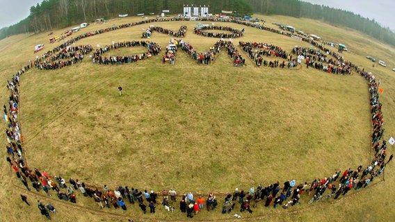 Demonstranten bilden auf einer Wiese die Worte "No Bombs". © picture-alliance/ dpa/dpaweb Foto: Jens Büttner