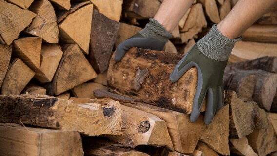 Gesägtes und gespaltenes Brennholz lagert auf einem Stapel. © dpa Foto: Christin Klose