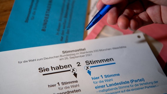 Briefwahlunterlagen liegen auf einem Tisch während eine Hand einen blauen Kugelschreiber darüber hält. © dpa-Bildfunk Foto: Sven Hoppe