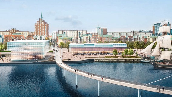 Eine Grafik zeigt einen Entwurf des Stadthafens in Rostock zur Bundesgartenschau 2025 mit einem neuen Landesmuseum (links), einer Fußgängerbrücke über die Warnow und einer Markthalle (rechts). © Hanse- und Universitätsstadt Rostock 