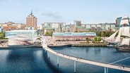Eine Grafik zeigt einen Entwurf des Stadthafens in Rostock zur Bundesgartenschau 2025 mit einem neuen Landesmuseum (links), einer Fußgängerbrücke über die Warnow und einer Markthalle (rechts). © Hanse- und Universitätsstadt Rostock 