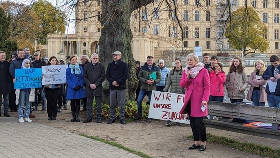 Frau Oldenburg (Die Linke) spricht vor einer Gruppe Schüler © NDR Foto: Christoph Loose