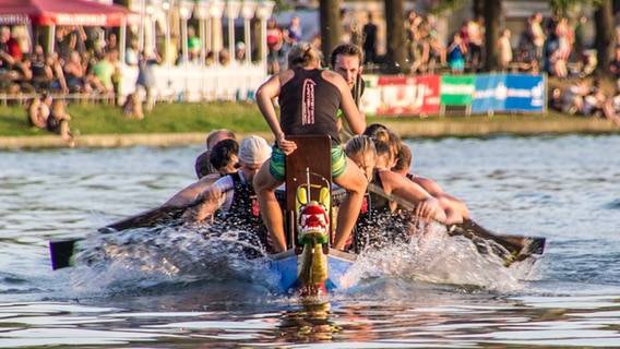 Eine Drachenboot-Besatzung paddelt am 27.08.2016 beim Drachenboot-Festival in Schwerin um die beste Zeit. © NDR Foto: Gabriele Kaulfürst