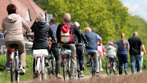 Zingst: Fahrradfahrer und Spaziergänger sind am Herrentag auf dem Deich unterwegs. © dpa-Zentralbild Foto: Bernd Wüstneck