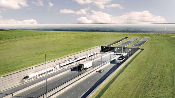 Das Bild zeigt ein Modell der Einfahrt in den geplanten Fehmarnbelttunnel. © Femern A/S 