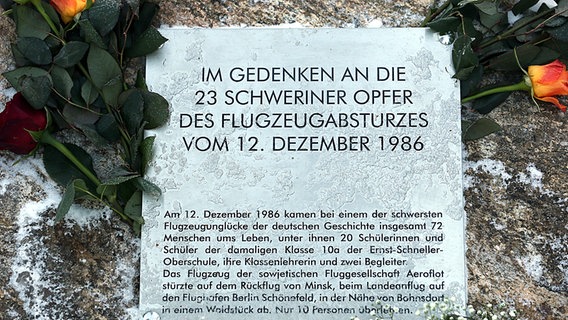 Der Gedenkstein für die Opfer des Flugzeugunglücks am 12.12.1986 in Bohnsdorf auf dem Waldfriedhof in Schwerin. © dpa-Bildfunk Foto: Bernd Wüstneck