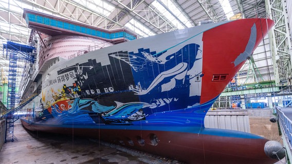 Das im Bau befindlichen Kreuzfahrtschiff "Global Dream" - auch als "Global One" bekannt - liegt im Baudock der ansonsten leeren Schiffbauhalle der ehemaligen MV-Werft. © dpa Foto: Jens Büttner