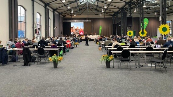 Delegierte sitzen auf dem Landesparteitag der Grünen in Mecklenburg-Vorpommern  Foto: Sebastian Schug/dpa