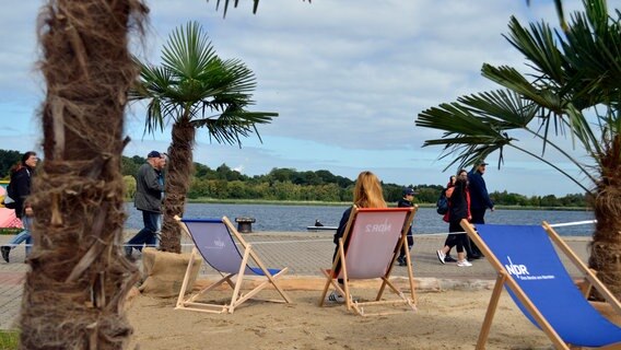 Sand, Palmen und die NDR Strandstühle sorgen für Ostsee-Feeling bei der 32. Hanse Sail in Rostock. © NDR Foto: Laureen Zielke