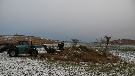 Ehrenamtliche Arbeiter der Bodendenkmalpflege an einem Hügelgrab. Der etwa 5 Meter im Durchmesser große Hügel liegt auf einem leicht von Schnee bedeckten Feld. Daneben steht ein Bagger. © NDR Foto: Janet Lindemann