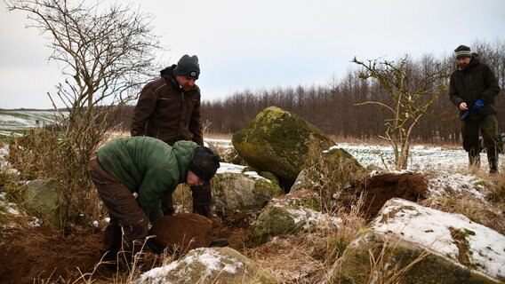 Ein Mann wuchtet einen Stein von einem Hügelgrab, zwei weitere Männer sehen ihm dabei zu. © NDR Foto: Janet Lindemann