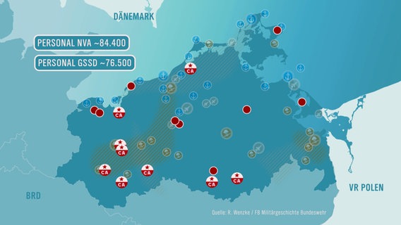 Grafik mit Truppenstationierungen in Mecklenburg.Vorpommern in den 1970er-Jahren. Grafik mit Truppenstationierungen in Mecklenburg.Vorpommern in den 1970er-Jahren. © Deutsches Rundfunk-Archiv (DRA) Foto: Screenshot