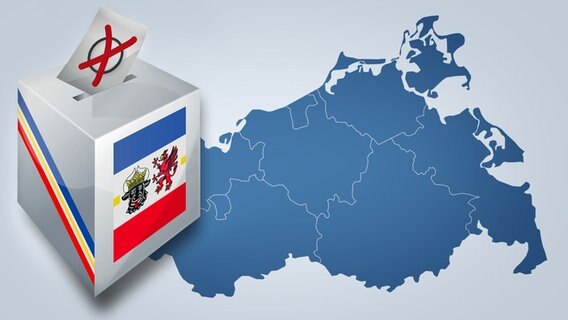 Grafik: Wahlurne mit Flagge Mecklenburg-Vorpommerns vor Karte des Landes mit Kreisgrenzen. © colourbox Foto: -