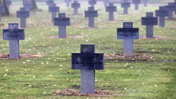 Grabsteine stehen auf einer Kriegsgräberstätte auf dem Neuen Friedhof in Rostock. © dpa-Zentralbild Foto: Bernd Wüstneck