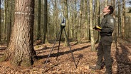 Im Wald steht ein Laserscanner der die Bäume vermisst. © Franziska Drewes Foto: Franziska Drewes