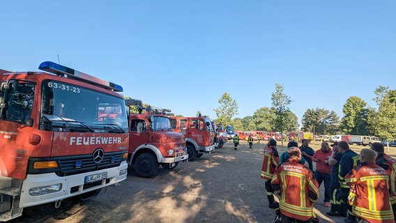 Einsatzfahrzeuge der Feuerwehr an der Sammelstelle bei Lübtheen. © NDR Foto: Franz Fanter