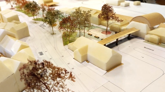 Pläne der Stadt Wismar, wie der Bahnhofsvorplatz zu einem Park umgestaltet werden soll. © Christoph Woest 