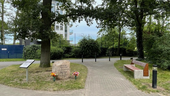 Der neue Gedenkstein der 114 Jahre alten Fritz-Reuter-Eiche in Warnemünde. © Museumsverein Warnemünde Foto: Uwe Heimhardt