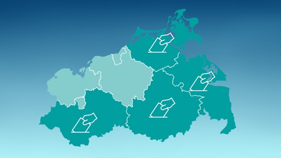 Die Umrisse des Landes Mecklenburg-Vorpommern, darin farblich hervorgehoben Symbole, die das Thema Wahl verdeutlichen. © NDR Foto: NDR