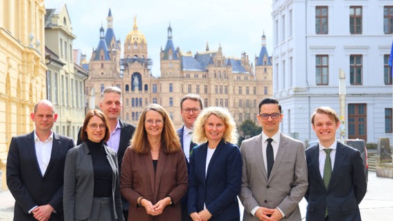 Prof. Dr. phil. nat. Armin Dielforder, Prof. Dr. rer. nat. Ramona Hülsmann, Prof. Dr. rer. nat. Nikolai Siemens, Wissenschaftsministerin Bettina Martin, Prof. Dr. jur. Julius Buckler, Prof. Dr. rer. pol. Anke Bebensee, Prof. Dr. phil. habil. Giovanni Rubeis, Prof. Dr. jur. Daniel Wolff (v.l.n.r.) © WKM/MV Foto: Sabrina Scholz