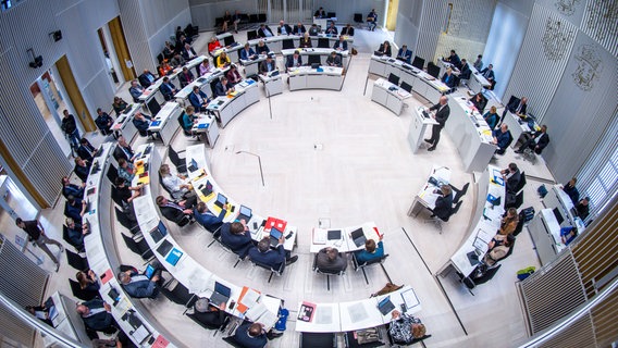 Blick auf den Plenarsaal des Landtags von Mecklenburg-Vorpommern im Schweriner Schloss. (Themenbild) © picture alliance/dpa Foto: Jens Büttner