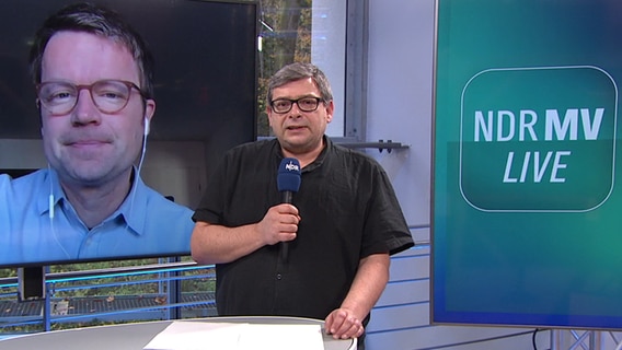 Moderator Frank Breuner im MV Live Studio und über den Bildschirm zugeschaltet ist Fußballexperte Ronny Blaschke © NDR 