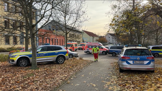 Ein Großaufgebot von Rettungskräften an Neubrandenburger Gesamtschule. Mehrere Polizeidienstwagen und Krankenwagen. © Felix Baenz Foto: Felix Baenz