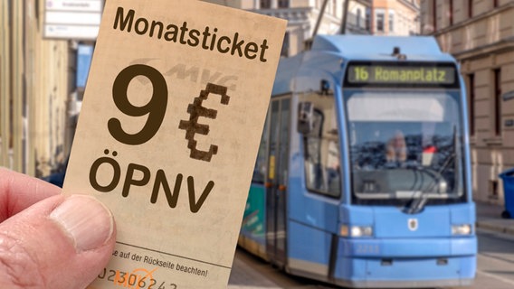 Ein "9 Euro ÖPNV"-Ticket wird vor einer Rostocker Straßenbahn in die Höhe gehalten © imago Foto: imago