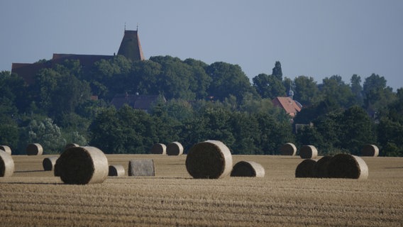 Die Stadtansicht von Rehna, mit der Klosterkirche und abgeernteten Getreidefelder mit den Strohballen. © NDR Foto: Marion Johannovsky aus Rehna