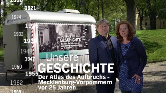 Thomas Balzer und Siv Stippekohl (v. l. n. r.) stehen vor dem Bauwagen, dem mobilen Studio der NDR Geschichtsreporter.  