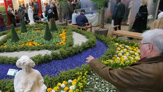 Besucher schauen sich ein Blumenbeet auf der "OstseeMesse 2009" in Rostock an © dpa Foto: Bernd Wüstneck