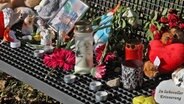 Auf einer Bank in Pragsdorf stehen nach dem Tod eines Sechsjährigen am möglichen Tatort Kerzen, Plüschtiere und Fotos. © dpa Bildfunk Foto: Bernd Wüstneck