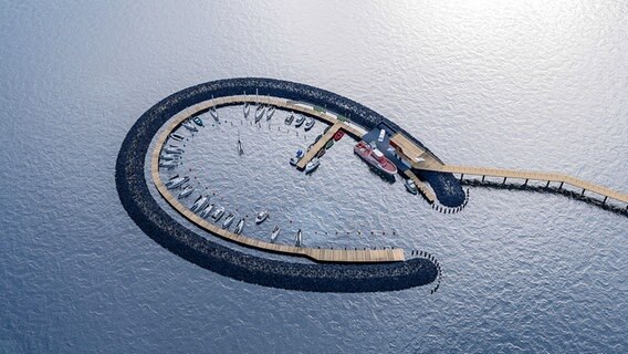 Die Visualisierung zeigt den geplanten Inselhafen Prerow an der Seebrücke in Prerow. © dpa-Bildfunk Foto: Tinus Medien
