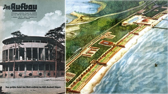 Ein Bild aus der historischen Zeitschrift "Der Aufbau" zeigt eine Illustration des geplanten KdF-Seebades Prora (links) - rechts eine Zeichnung des Bauprojekts.  Foto: Sammlung Sauer / Ursula Düren