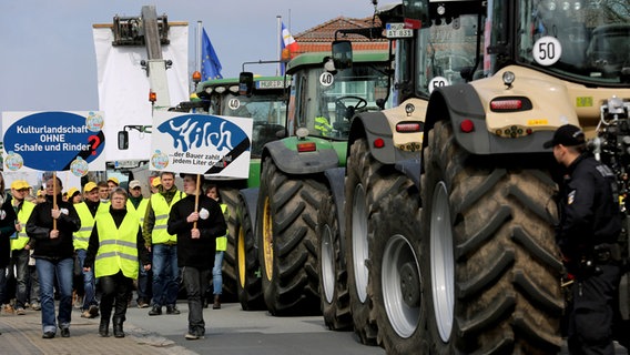 Mitglieder des Bauernverbandes protestieren am Tagungsort der Agrarministerkonferenz der Länder in Göhren-Lebbin. © DPA-Bildfunk Foto: Bernd Wüstneck
