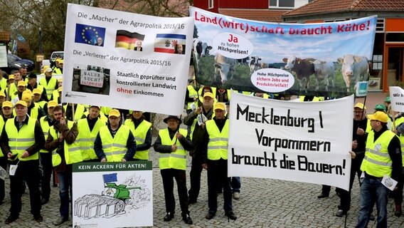 Mitglieder des Bauernverbandes protestieren mit Schildern gegen die Agrarpolitik © DPA-Bildfunk Foto: Bernd Wüstneck