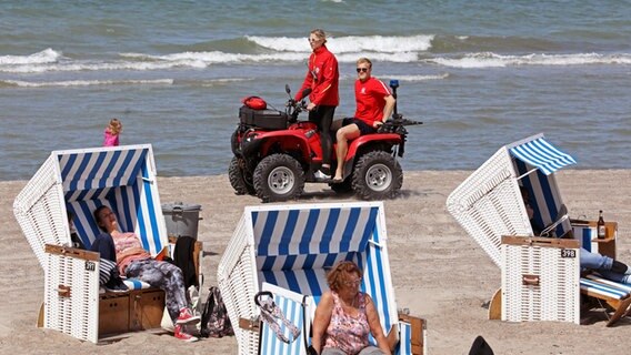 Warnemünde: Mit dem Quad sind die Rettungsschwimmer Gina Bretsch (l-r) und Eike Reck von der DRK-Wasserwacht am Ostseestrand unterwegs. © Bernd Wüstneck/dpa +++ dpa-Bildfunk +++ Foto: Bernd Wüstneck/dpa +++ dpa-Bildfunk +++