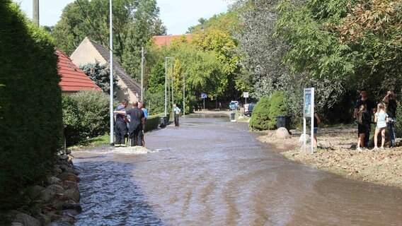 Der Wasserrohrbruch in Rostock-Toitenwinkel lässt die Straße überfluten. © Stefan Tretropp Foto: Stefan Tretropp