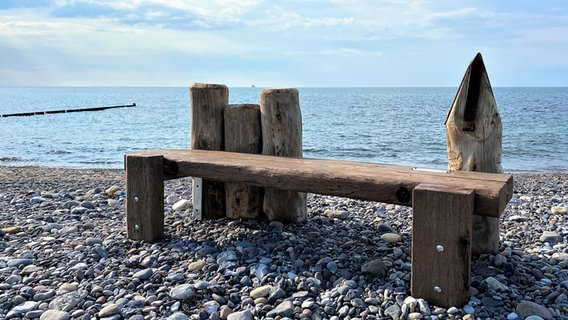 Eine Sitzbank aus ungewöhnlichen Hölzern steht am Ostsee-Strand © Katja Bülow Foto: Katja Bülow