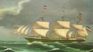 Das Foto zeigt den Ausschnitt aus einem Gemälde eines Segelschiffs aus dem 19. Jahrhundert, das unter Mecklenburger Flagge fuhr. © NDR Foto: Screenshot