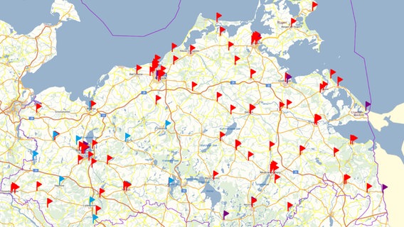 Screenshot: Schnelltestzentren auf einer Karte im Regierungsportal MV. 